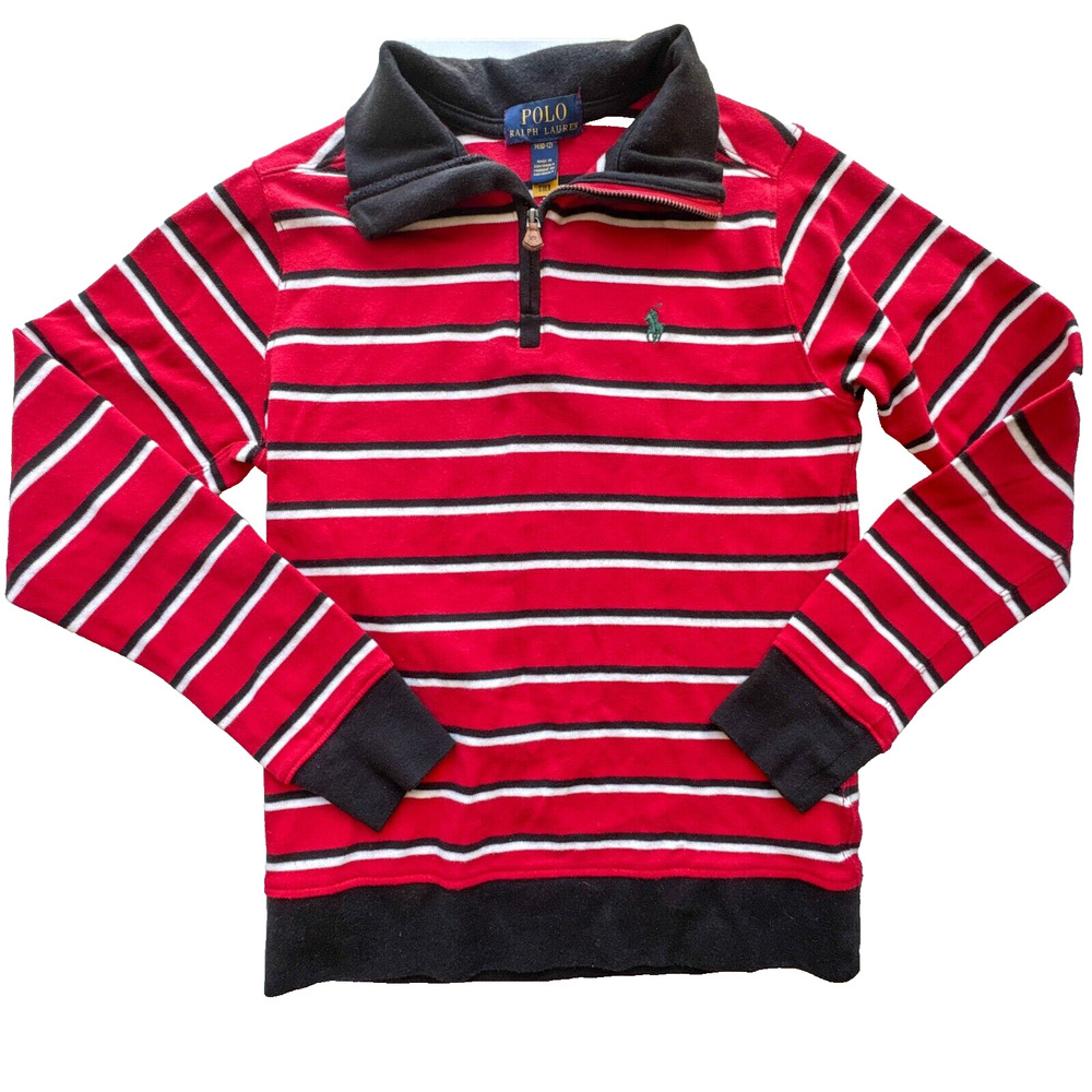 Polo Ralph Lauren Sweater Boys Medium 10-12 Red Black Stripe 1/4 Zip Pullover